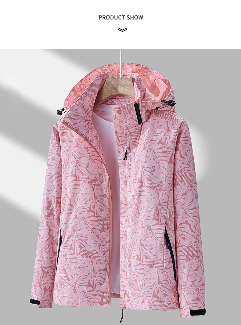 Women's Tropical Leaf Print Lightweight Windproof Hooded Jacket - Image 12