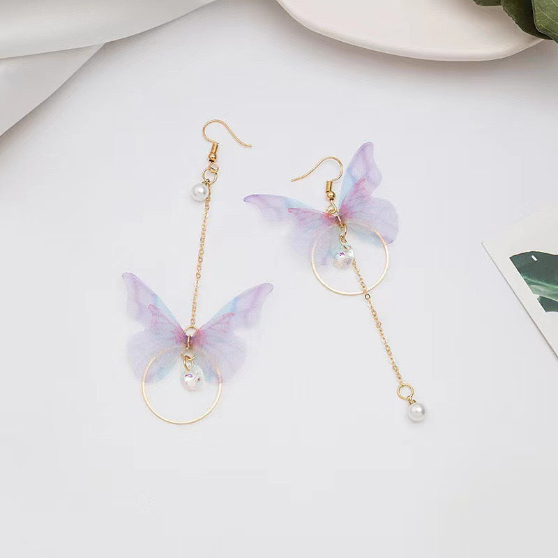 Vibrant Purple Asymmetric Butterfly Earrings Long Retro Style