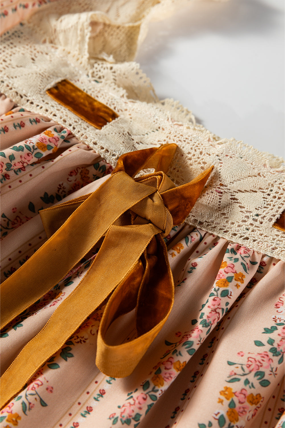 Khaki Floral Lace Velvet Bow Mini Dress | Long Sleeve Loose Fit