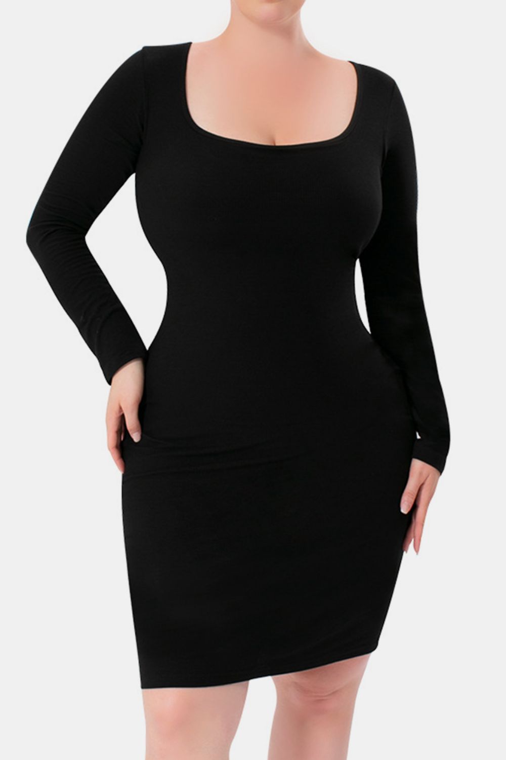 Black Square Neck Long Sleeve Sculpting Built-In Shapewear Dress