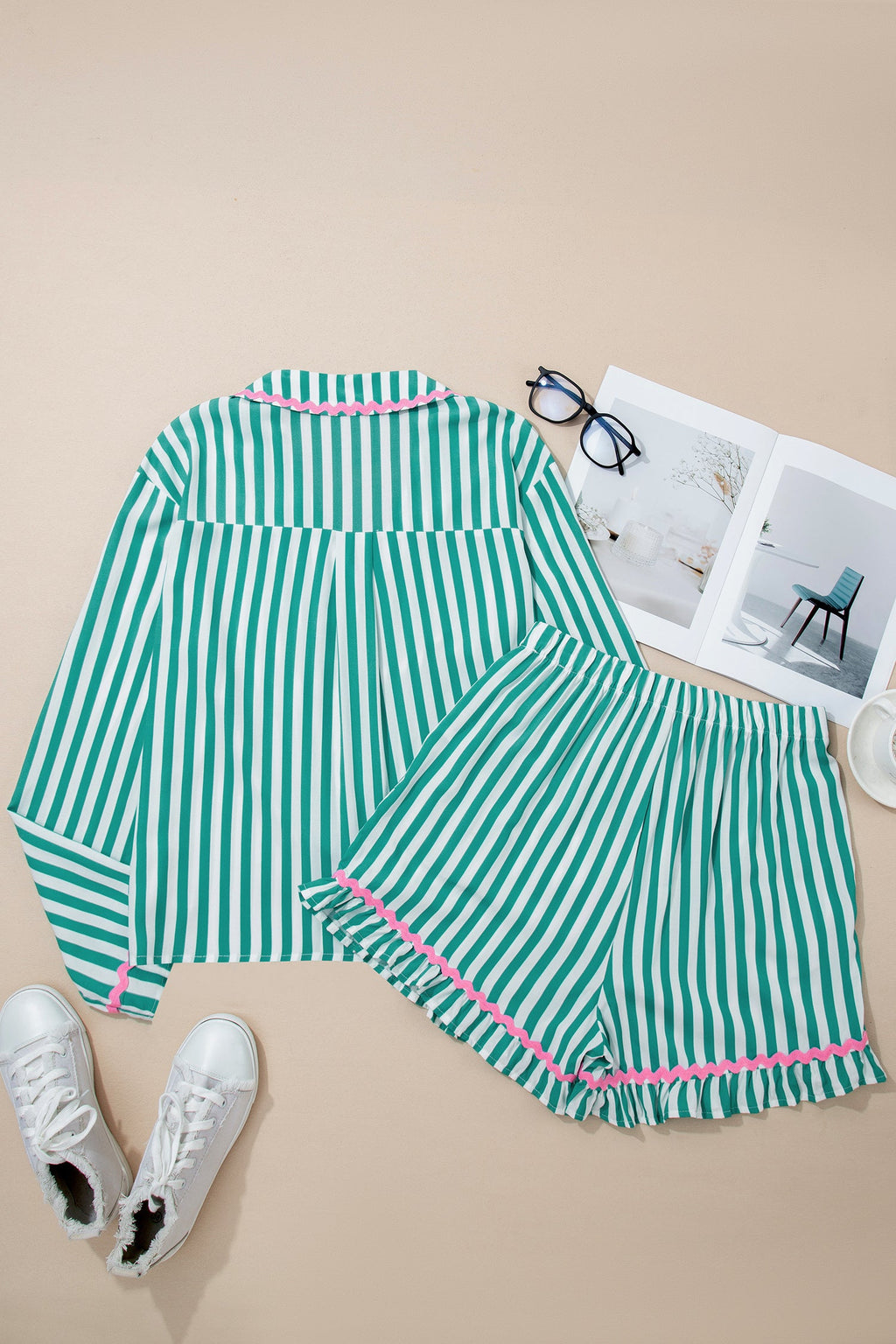 Stripe Ricrac Trim Shirt & Drawstring Shorts Set | Viscose