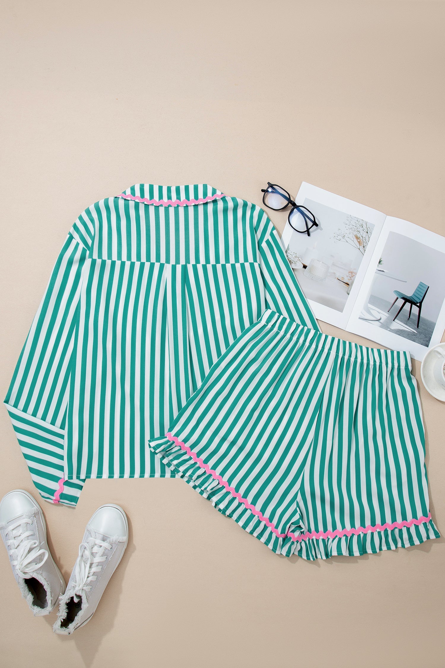 Stripe Ricrac Trim Shirt & Drawstring Shorts Set | Viscose