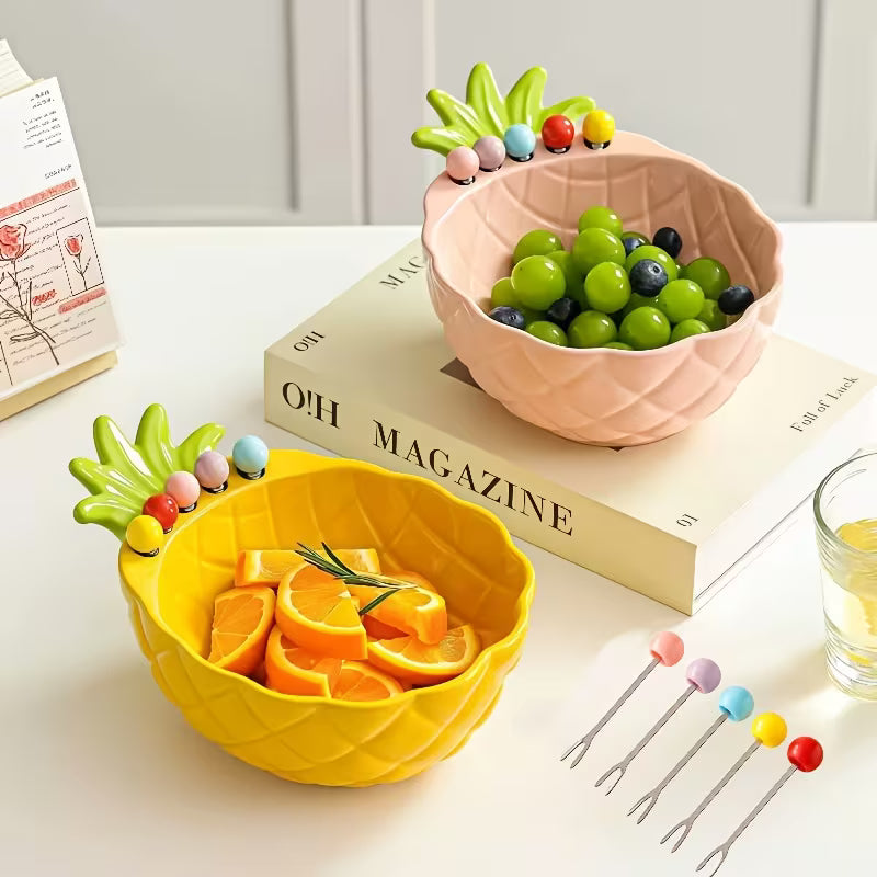 Pineapple-Shaped Ceramic Fruit Bowl with Stainless Steel Fork Set