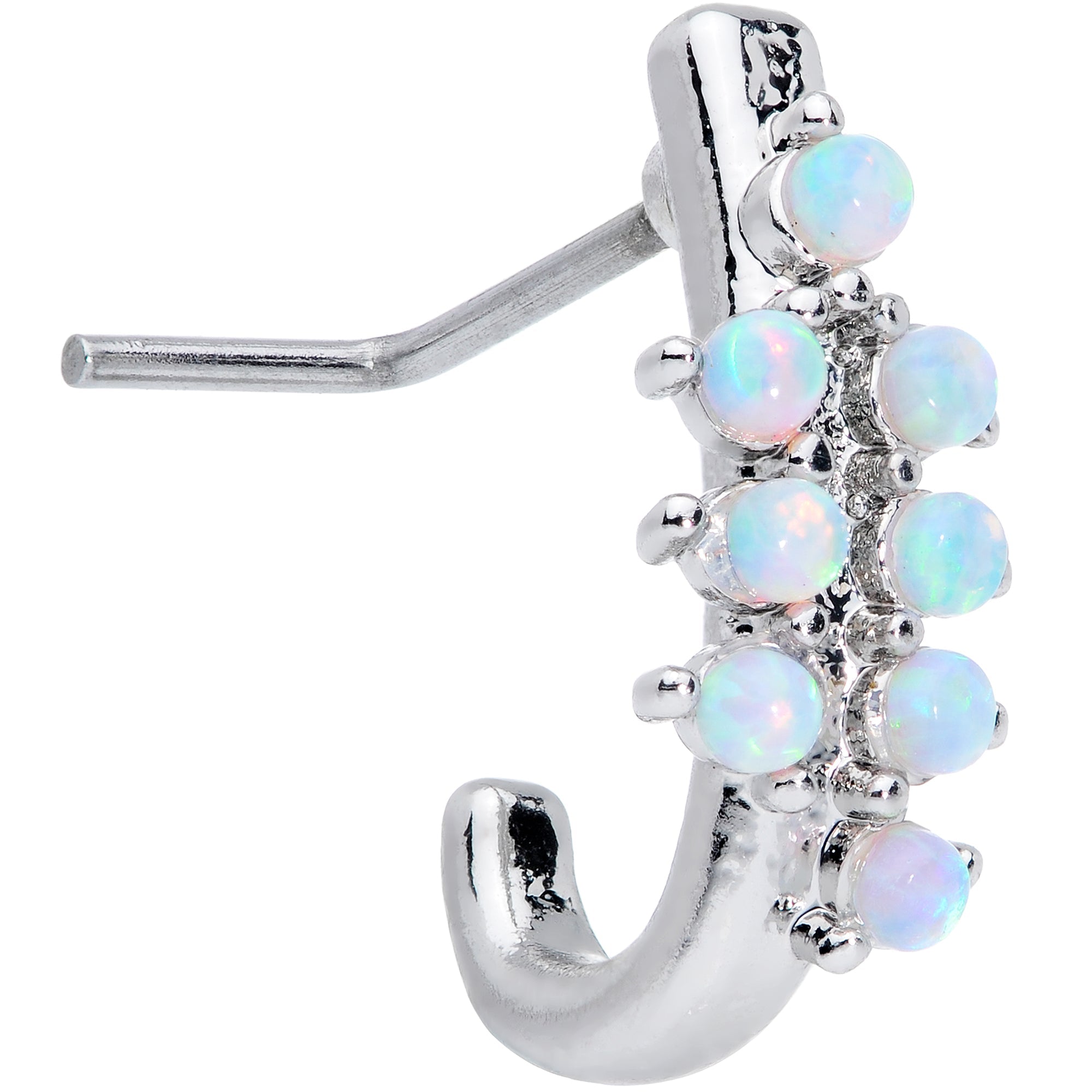 Close up of a 20G L-shaped nose ring with white synthetic opal stones and a faux hoop design on a white background