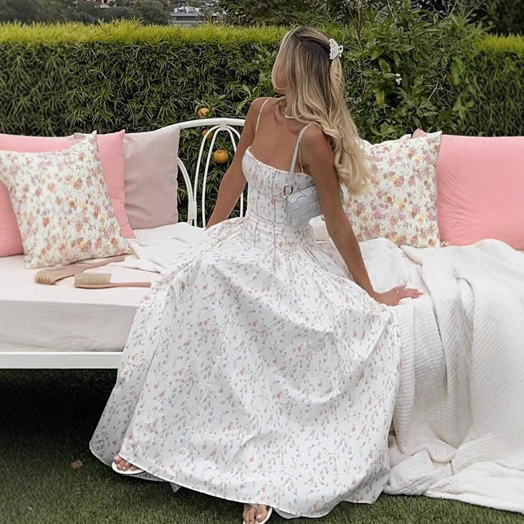Floral Printed Strapless Backless Maxi Dress in White, Purple, Blue