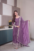 Lavender Diamond Silk Anarkali Gown with embroidery and sequins work, including matching dupatta.