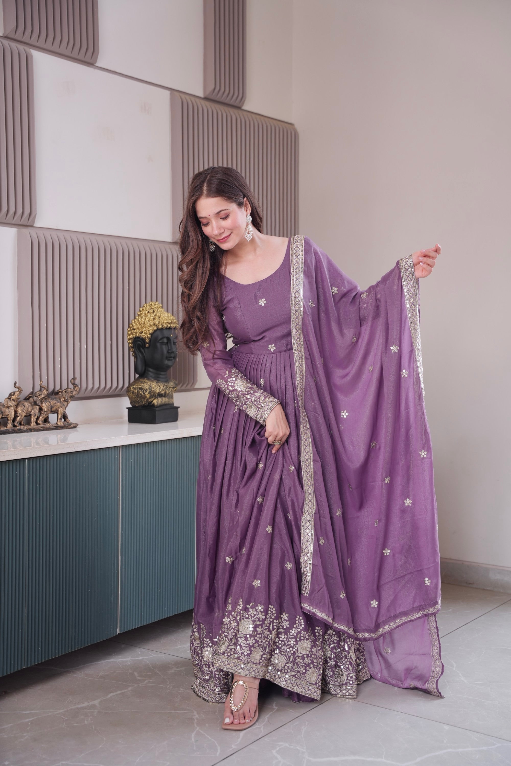 Lavender Diamond Silk Anarkali Gown with Sequins and Dupatta