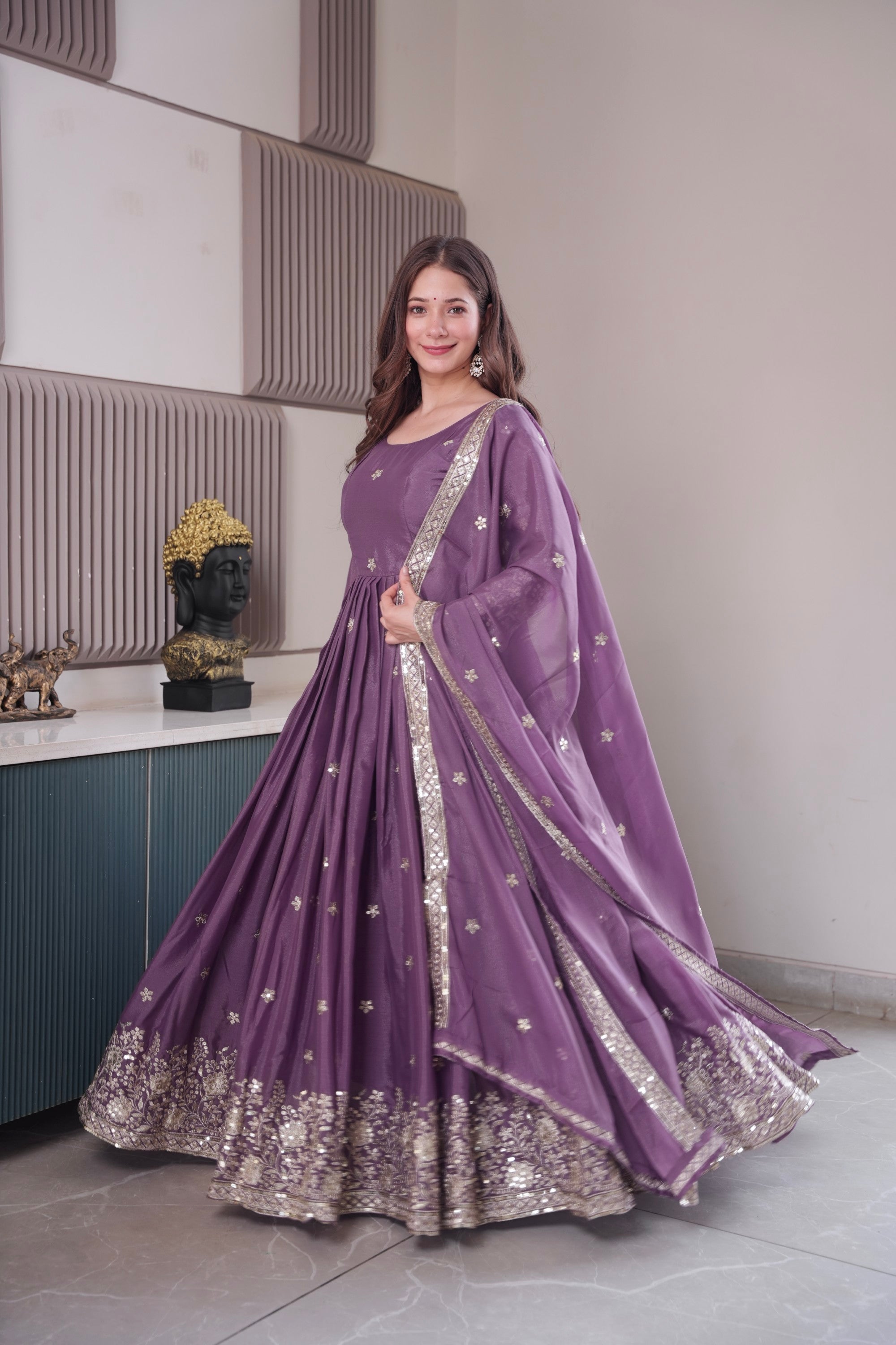 Lavender Diamond Silk Anarkali Gown with Sequins and Dupatta