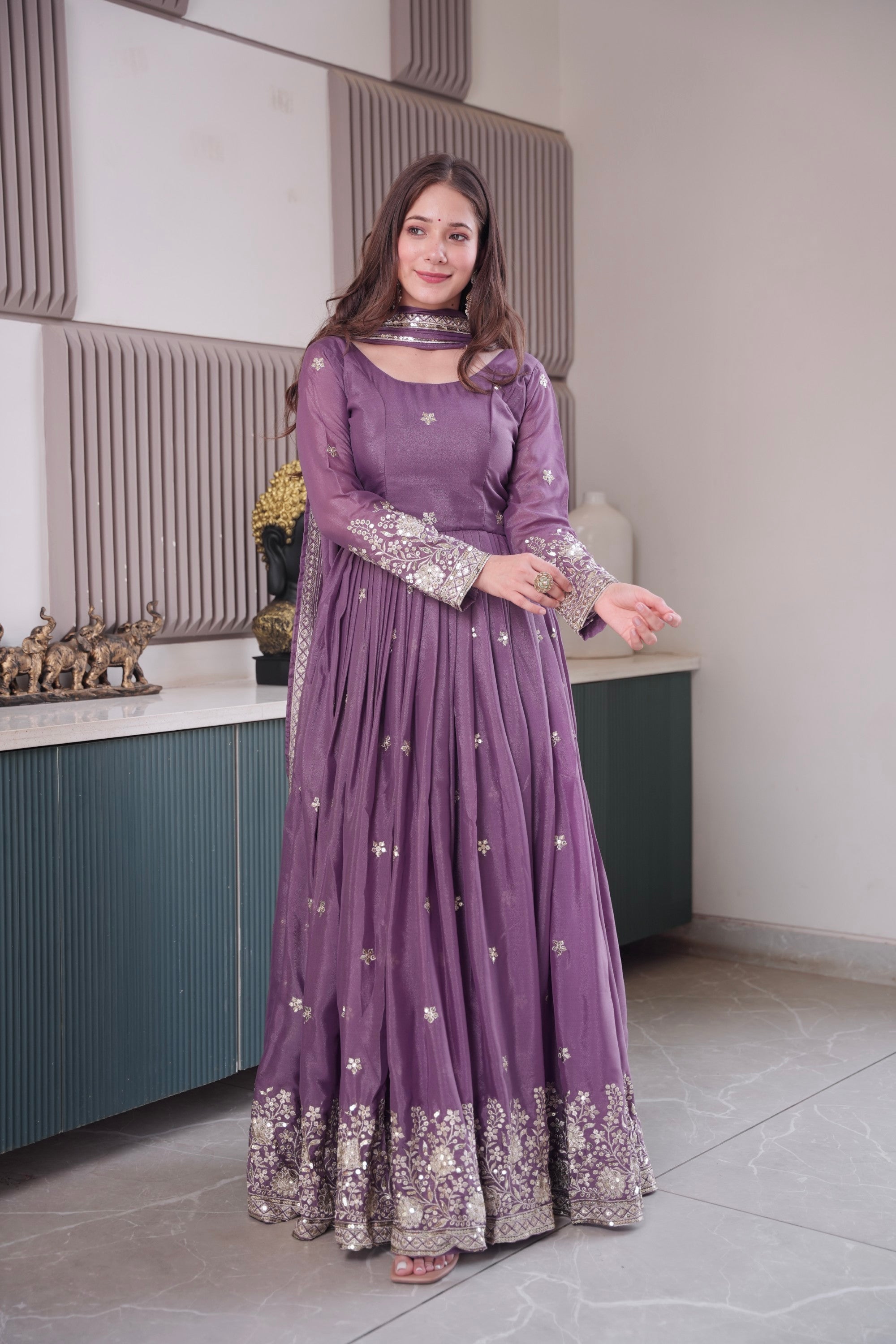 Lavender Diamond Silk Anarkali Gown with Sequins and Dupatta