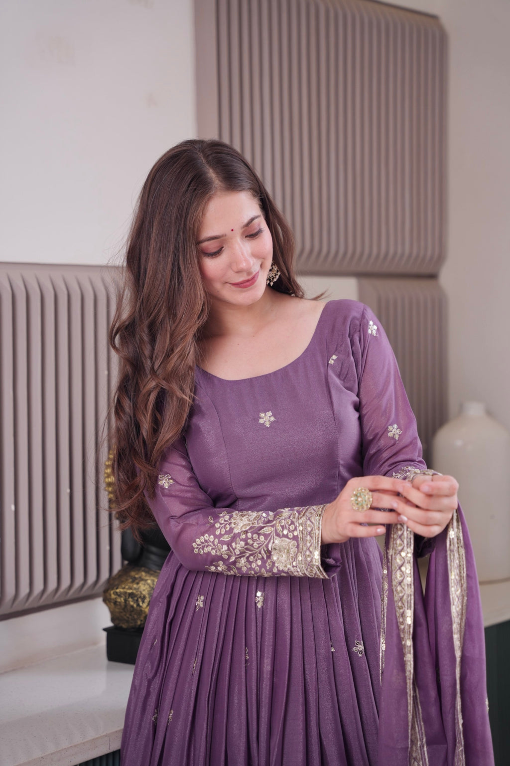 Lavender Diamond Silk Anarkali Gown with Sequins and Dupatta