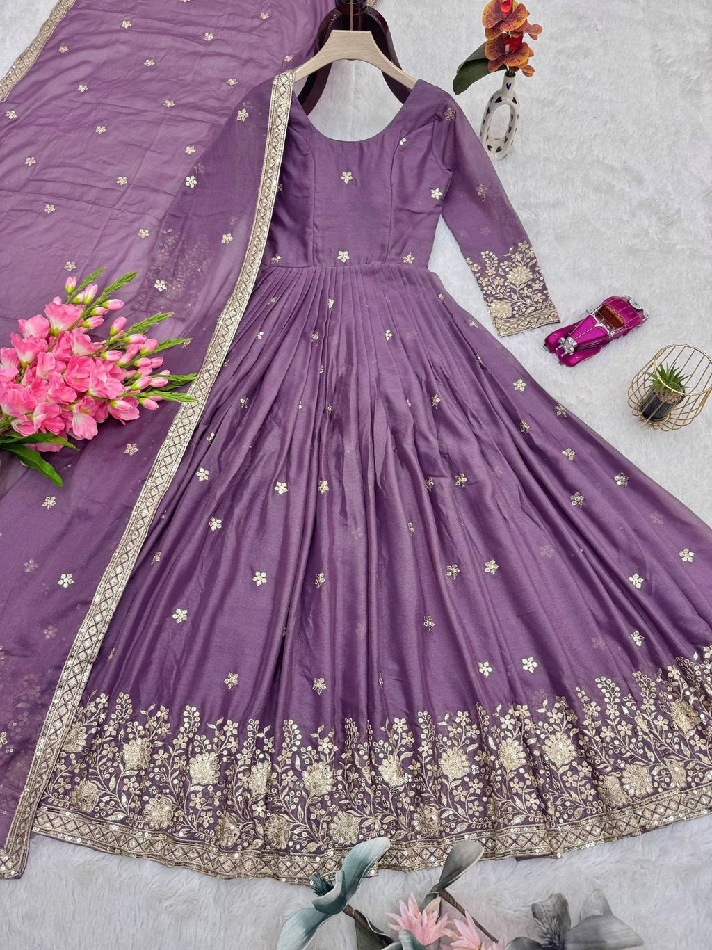Lavender Diamond Silk Anarkali Gown with Sequins and Dupatta