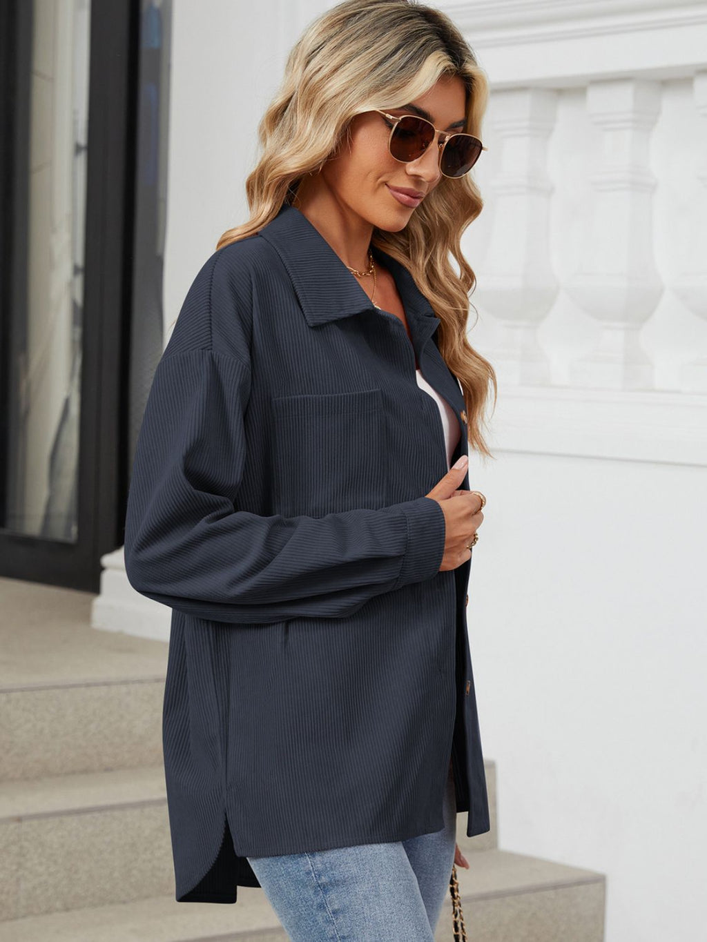 Rayon Button Up Dropped Shoulder Long Sleeve Shirt