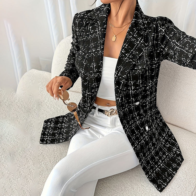 Women's Plaid Double-Breasted Tweed Blazer Tailored Jacket