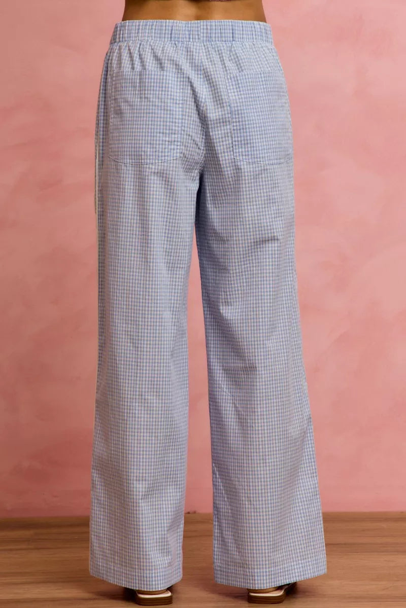 Women's Wide Leg Check Pants with Lace Trim in Light Blue White