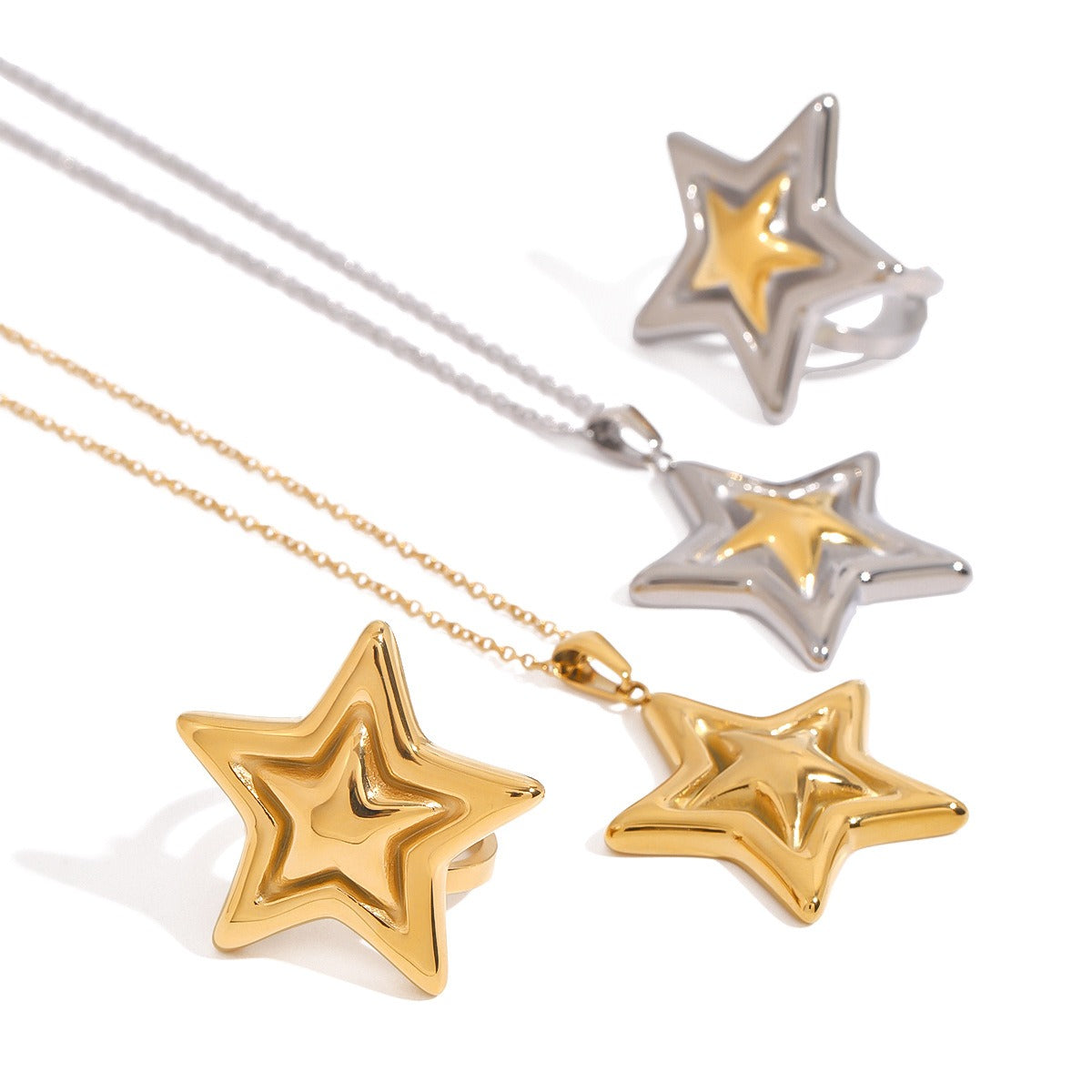 18K Gold Pentagram Design Exquisite Fashion Necklace Ring Set