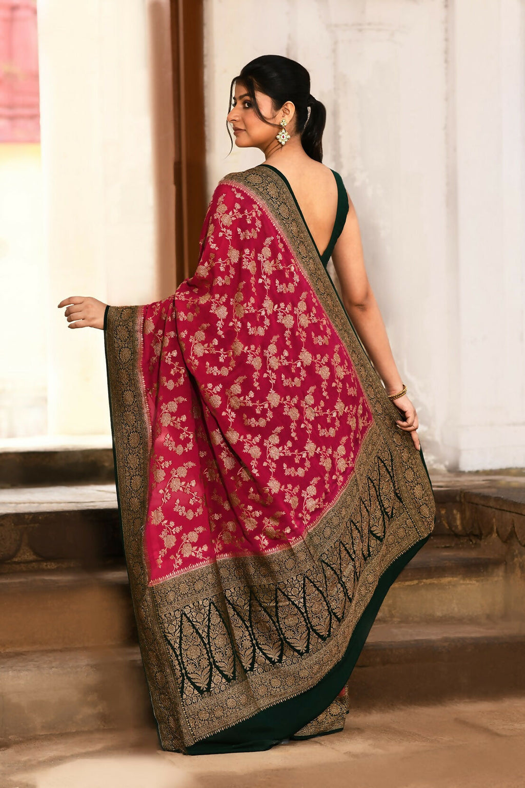 Hot Pink Handloom Banarasi Silk Saree in Crepe Chiffon