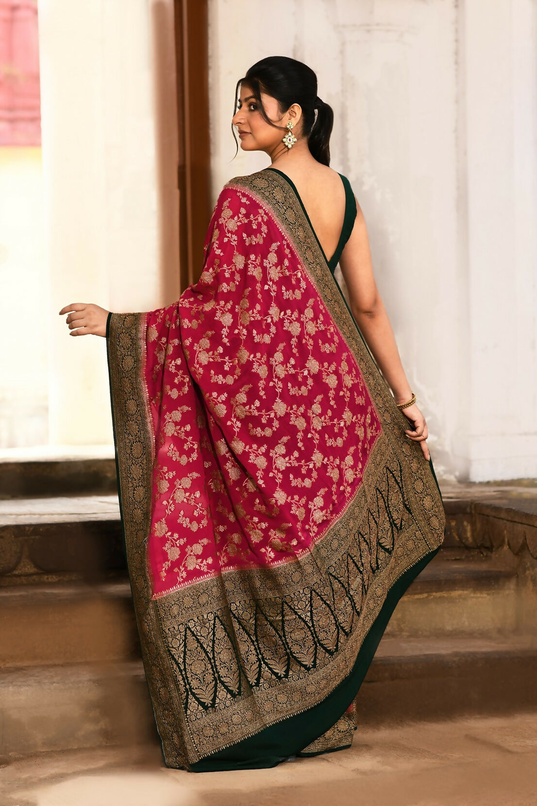 Hot Pink Handloom Banarasi Silk Saree in Crepe Chiffon