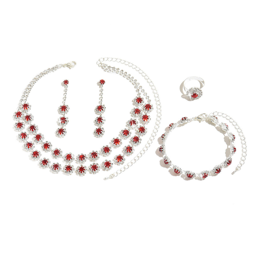 2026 Hot Cross-border Wedding Accessories Double-layer Sunflower Diamond Necklace Earrings Bracelet Ring Four-piece Set