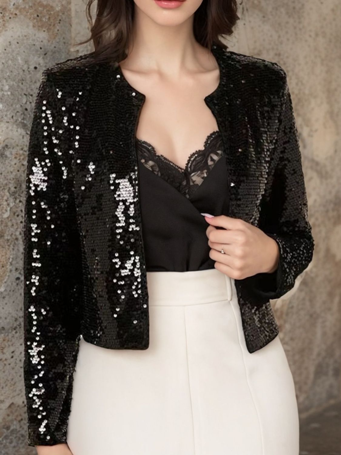 Sequin Open Front Cropped Jacket | Glamorous Party Style