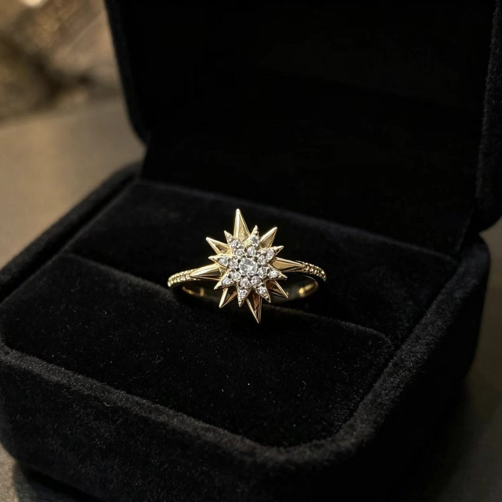 Sunflower-Gilded Five-Pointed Star Zircon Womens Ring
