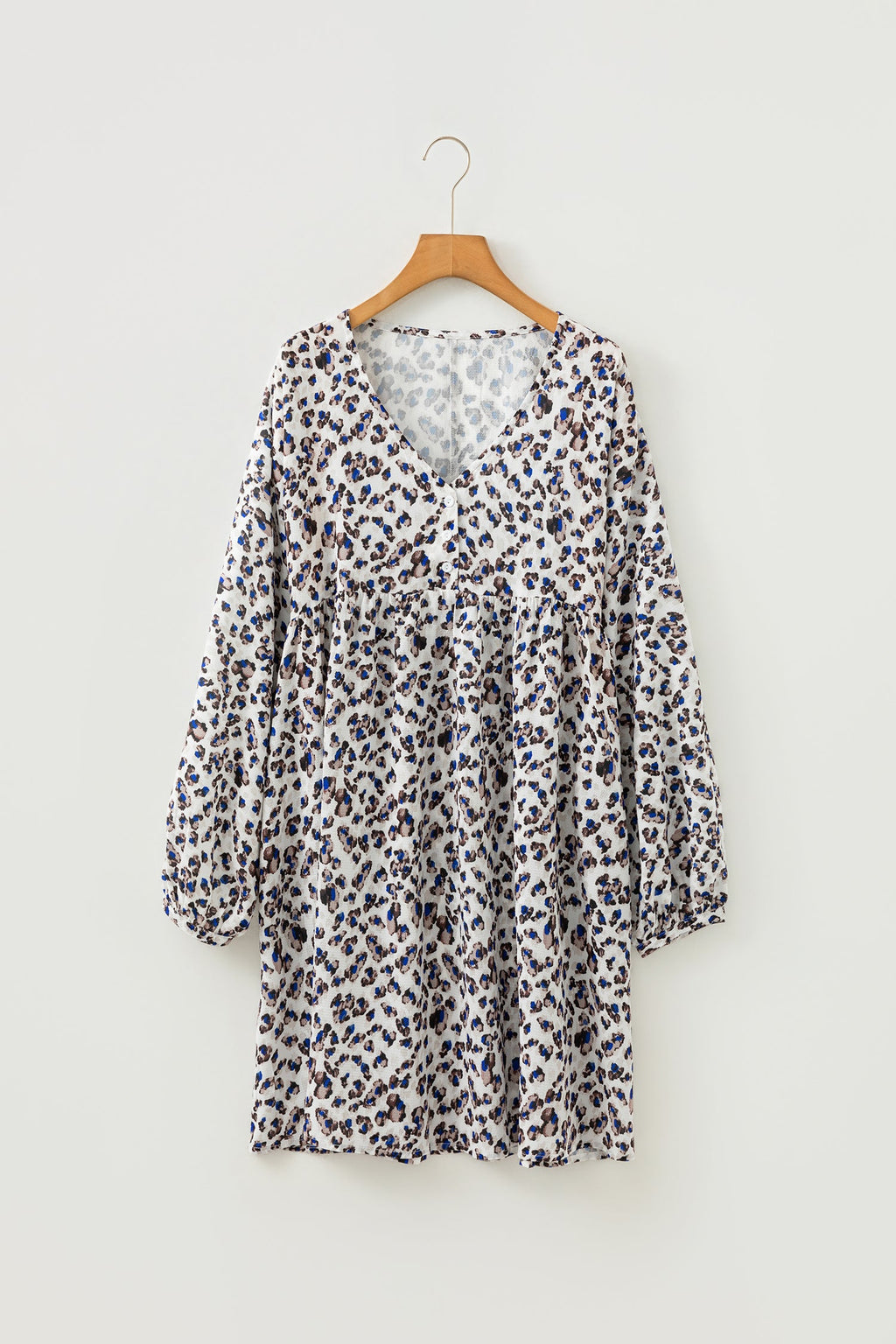 Leopard Buttoned V-Neck Long Sleeve Mini Dress