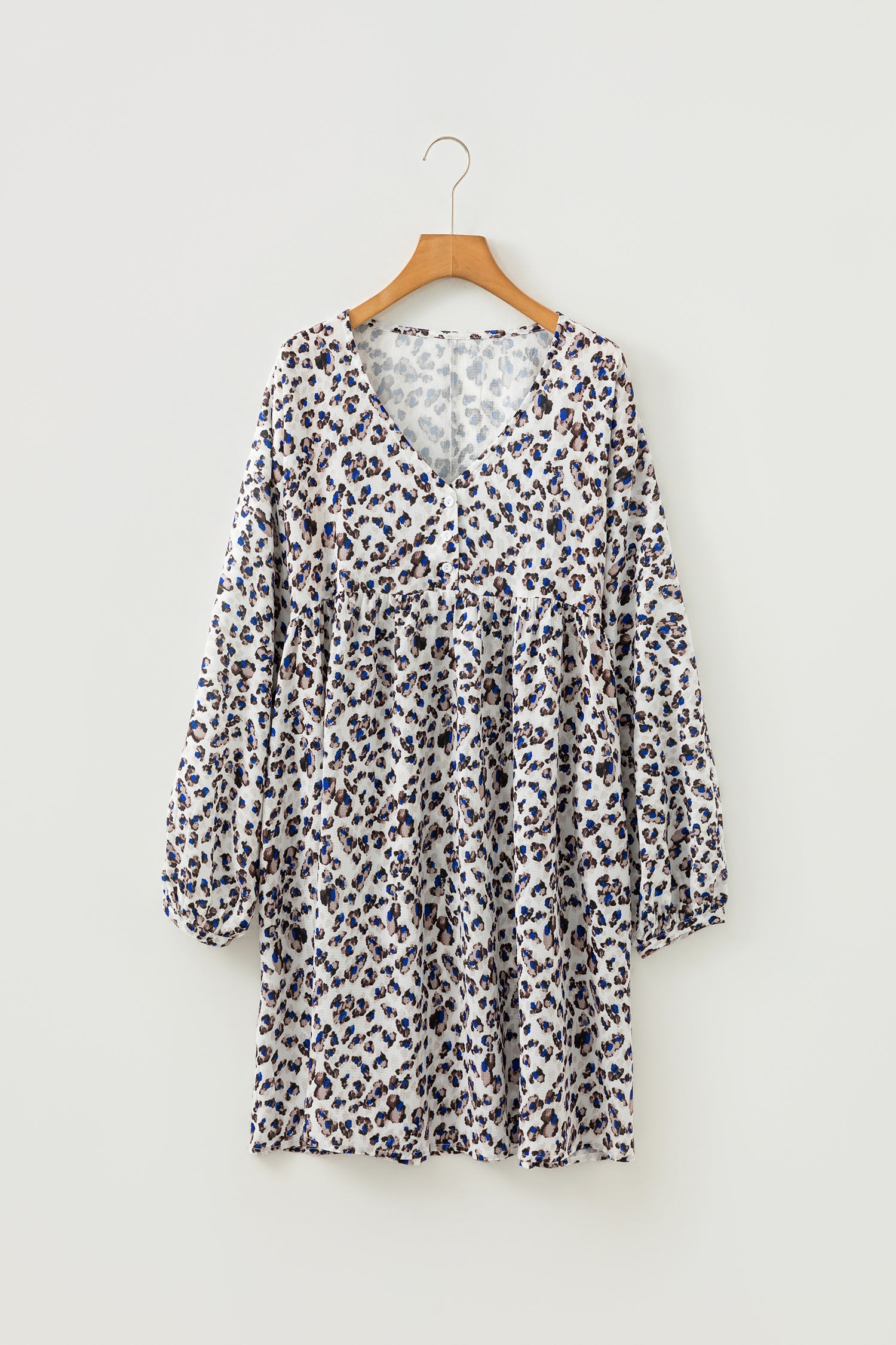 Multicolour Leopard Print V Neck Button Detail Long Sleeve Mini Dress
