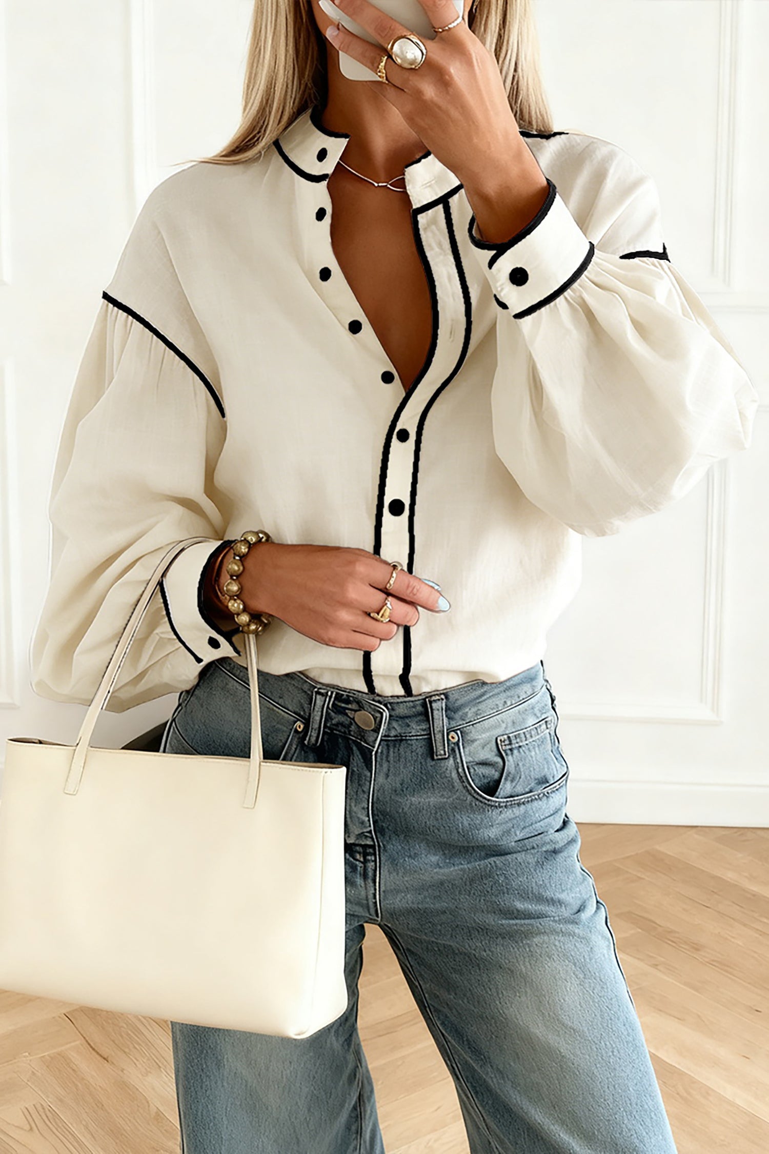 Beige Contrast Trim Button Down Puff Sleeve Shirt