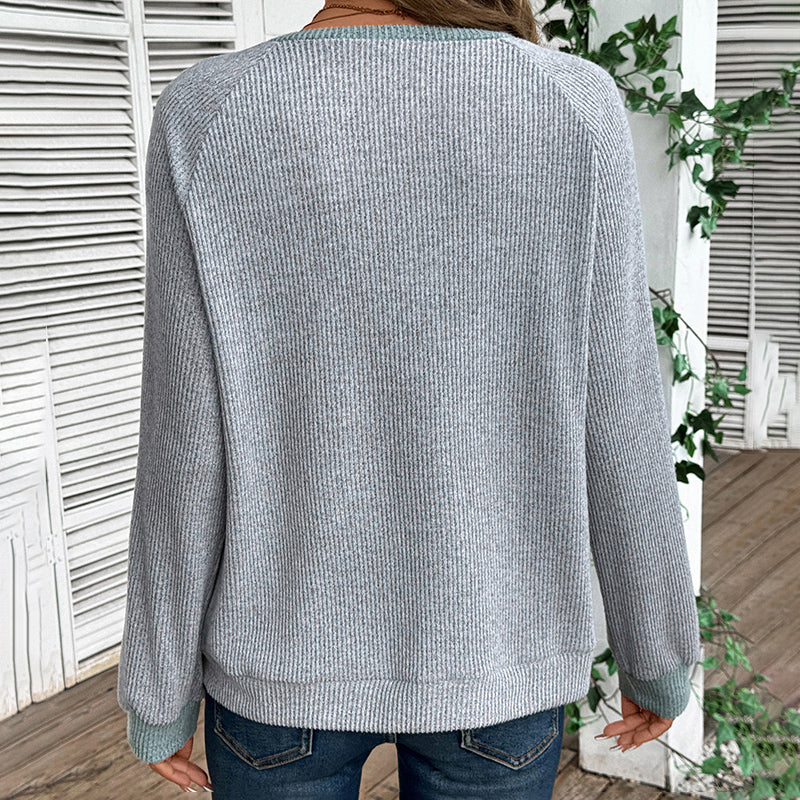 Women’s Color-Block V-Neck Pullover Long Sleeve Knit Sweater - Image 9
