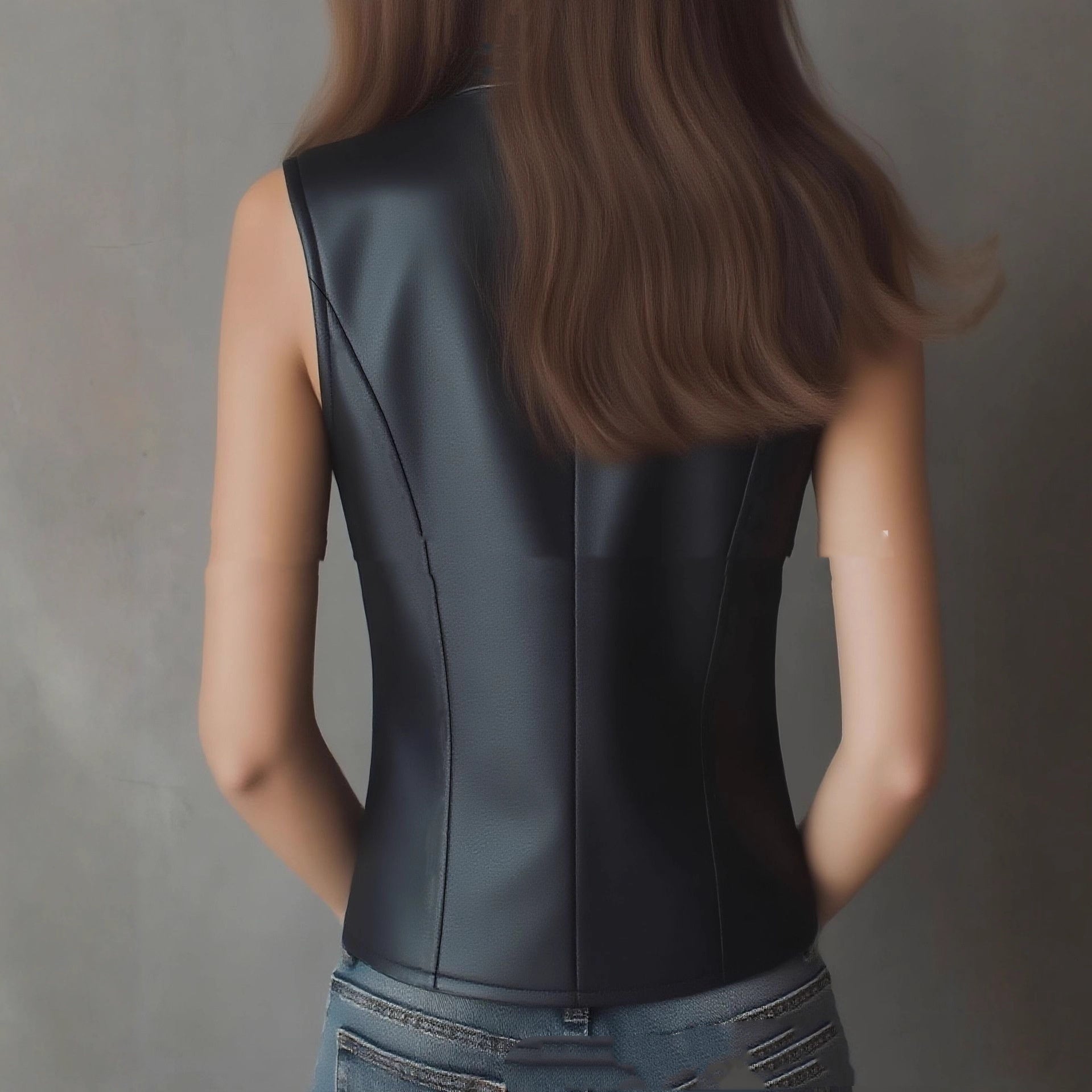Women's Black Faux Leather Sleeveless Stand Collar Zip Top - Image 2