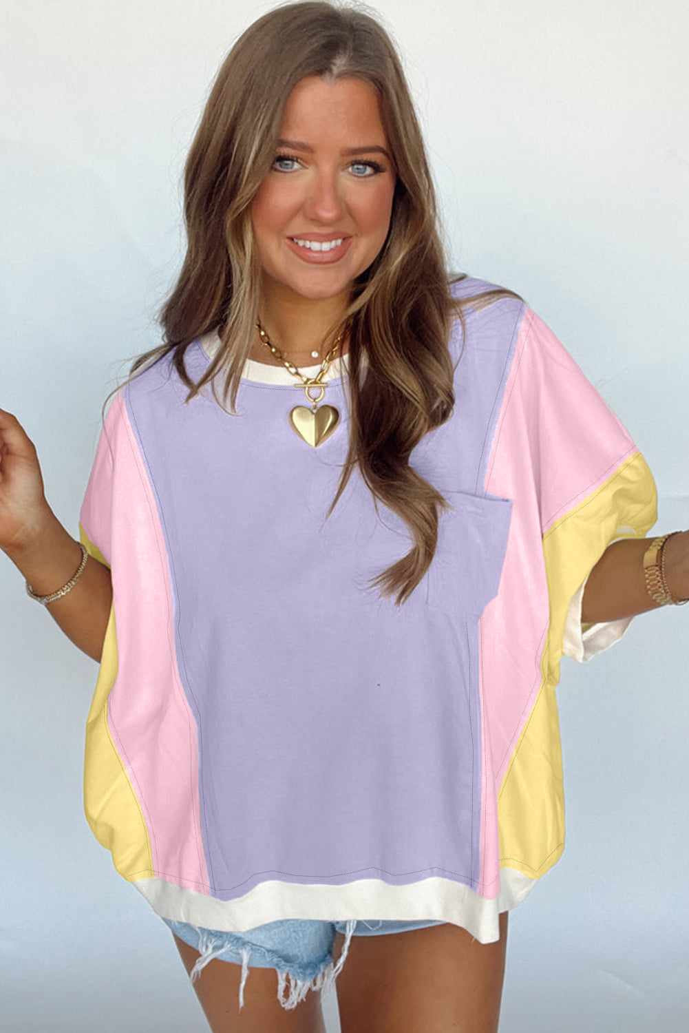 Purple Color Block Patchwork Half Sleeve Oversized T-Shirt