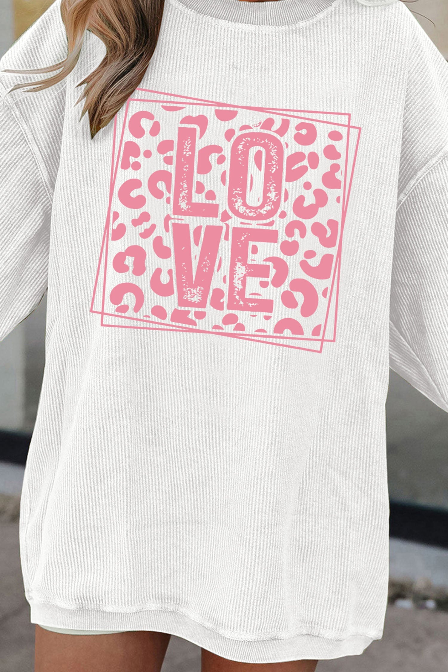White Corded Ribbed LOVE Leopard Print Drop Shoulder Sweatshirt