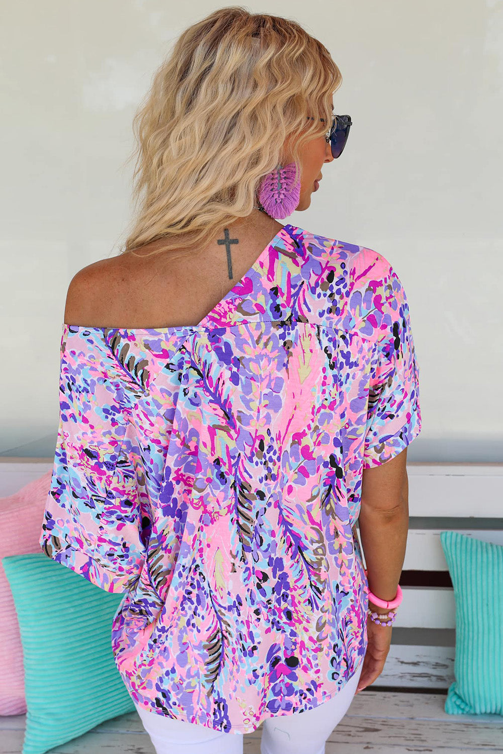 Pastel Blue Abstract Floral Print V-Neck Short Sleeve T-Shirt