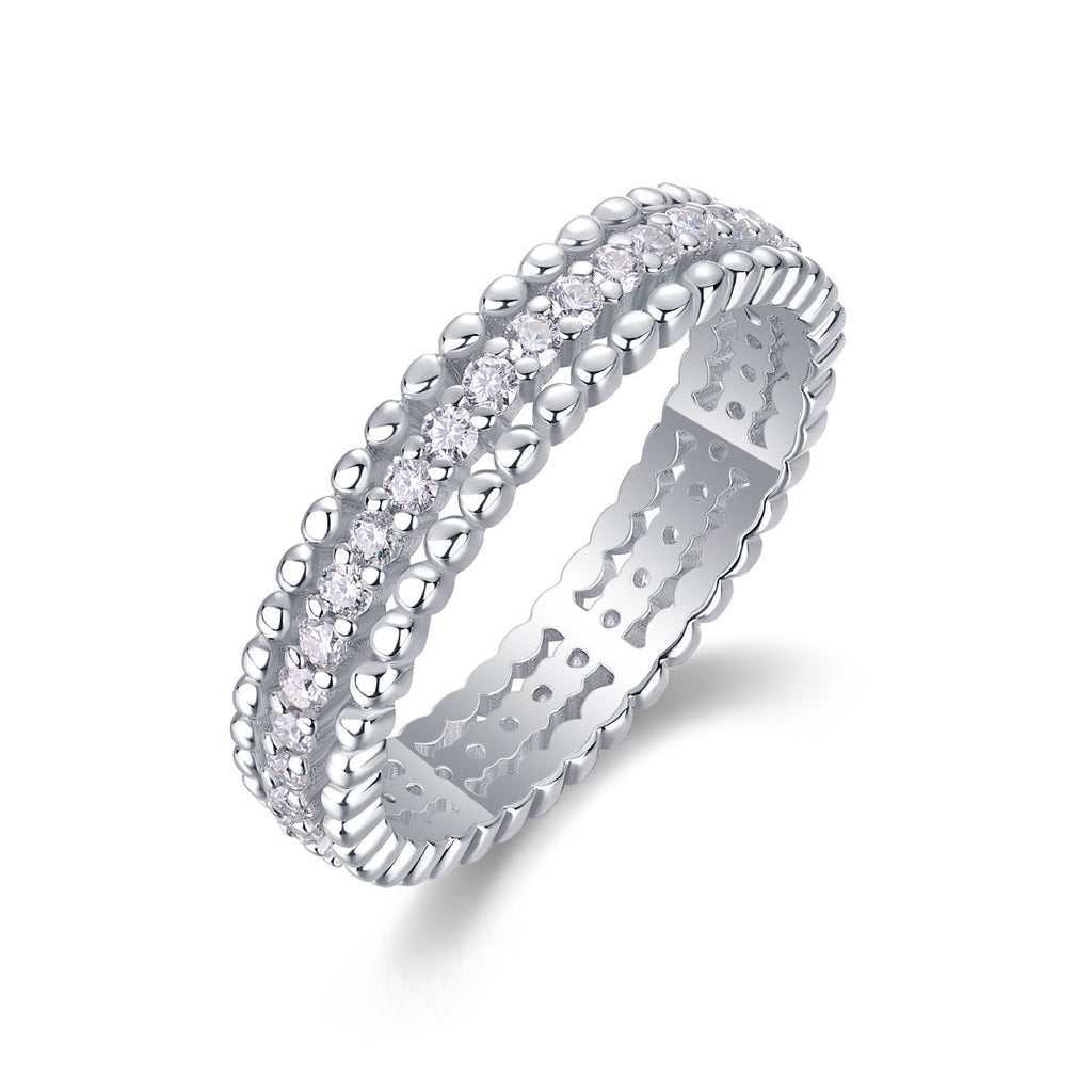 S925 Silver 2.4g Platinum Plated Moissanite Ring, 4.3mm Beaded & Pave Band, D VVS1 GRA US 5-9
