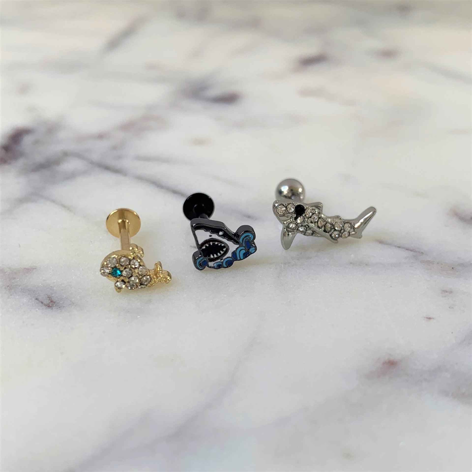 16G 5/16 Clear Aqua Gem Gold Tone Whale Labret Monroe Tragus