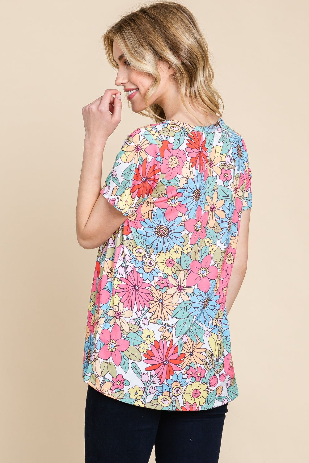 Women's Multi-Color Floral Print Casual Short Sleeve T-Shirt