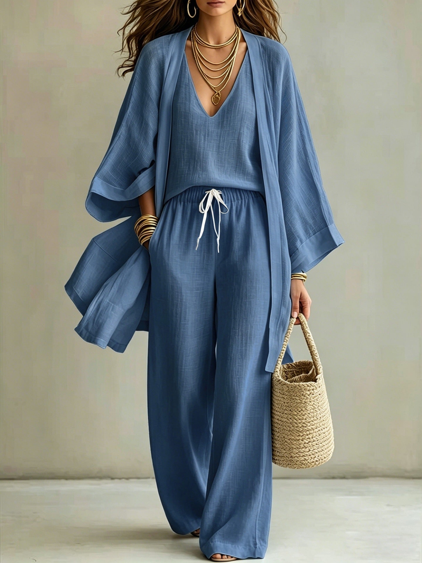 Women's 3-Piece Linen Loungewear Set: Cardigan, Vest & Wide-Leg Pants