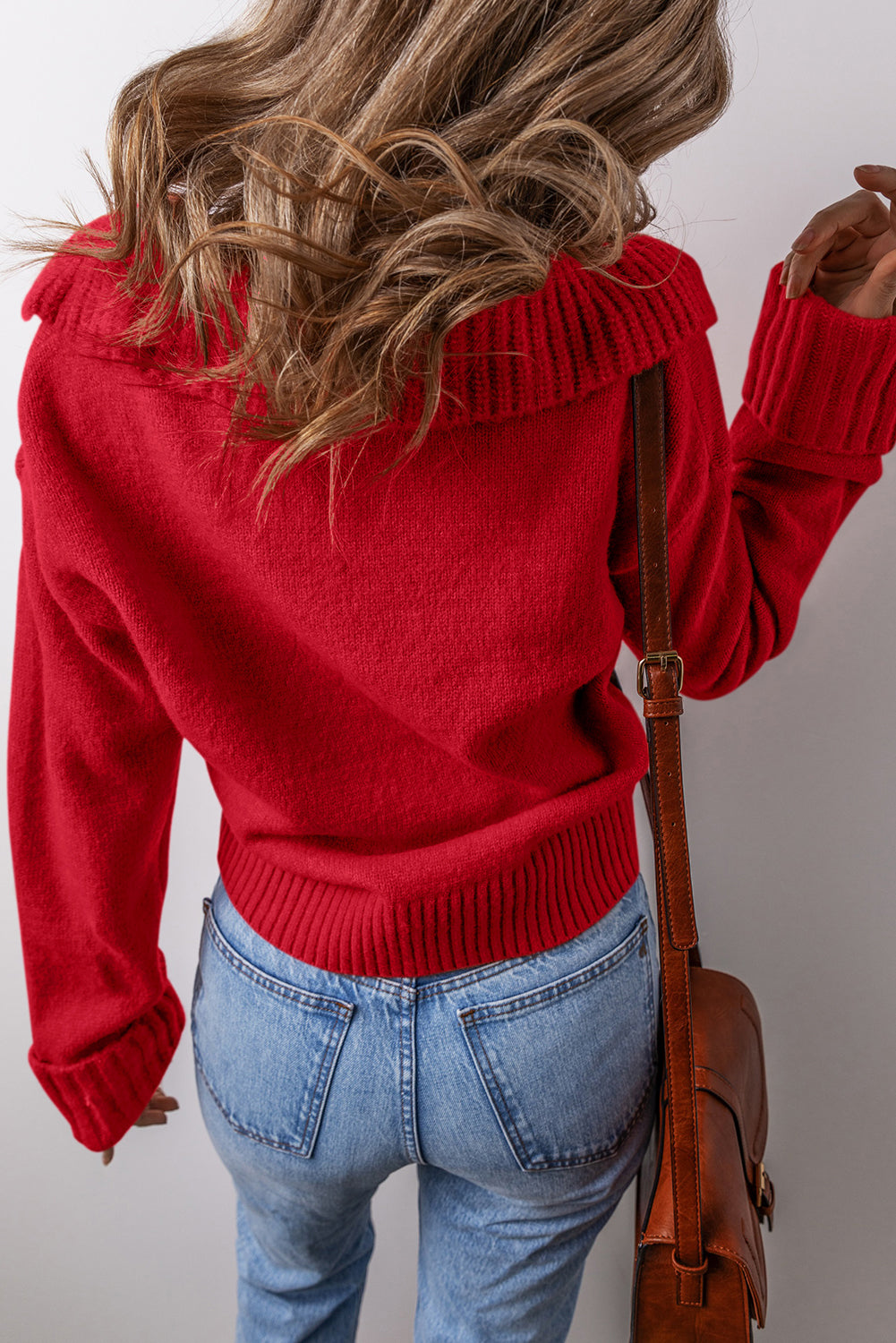 Solid Collared V-Neck Ribbed Edge Sweater