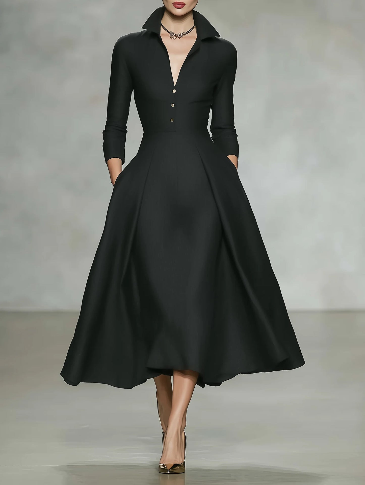 V-Neck Waist-Cinching Long Sleeve Midi Dress