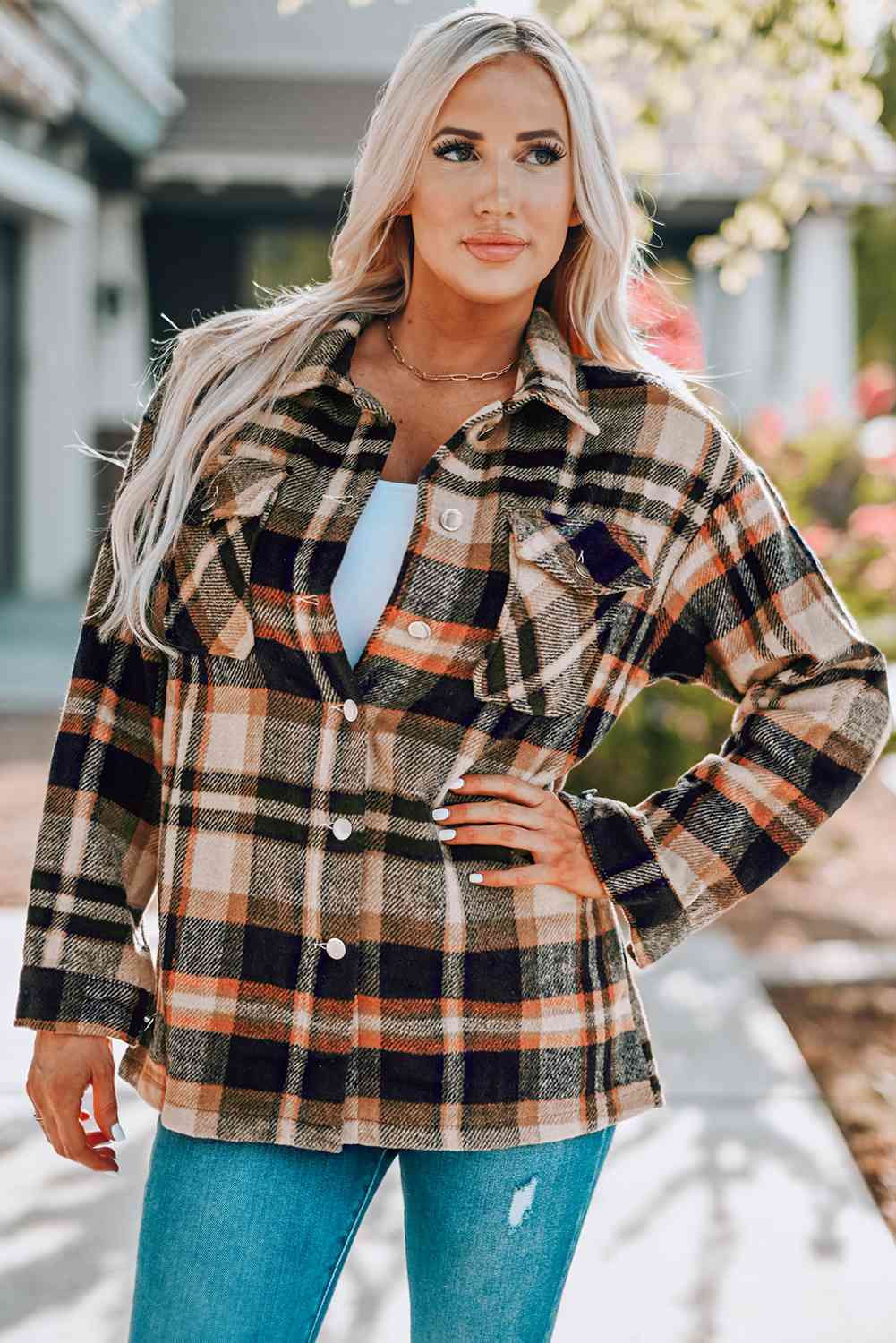 Women's Classic Plaid Button Front Shirt Jacket