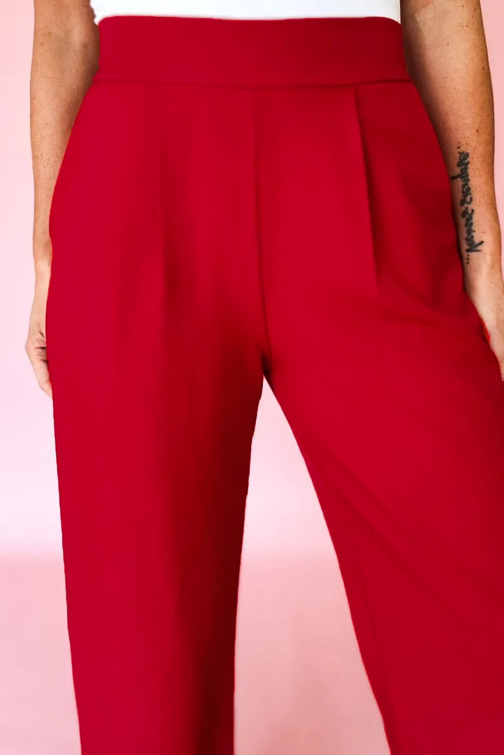 Fiery Red Pleated High Waist Pull On Loose Straight Pants