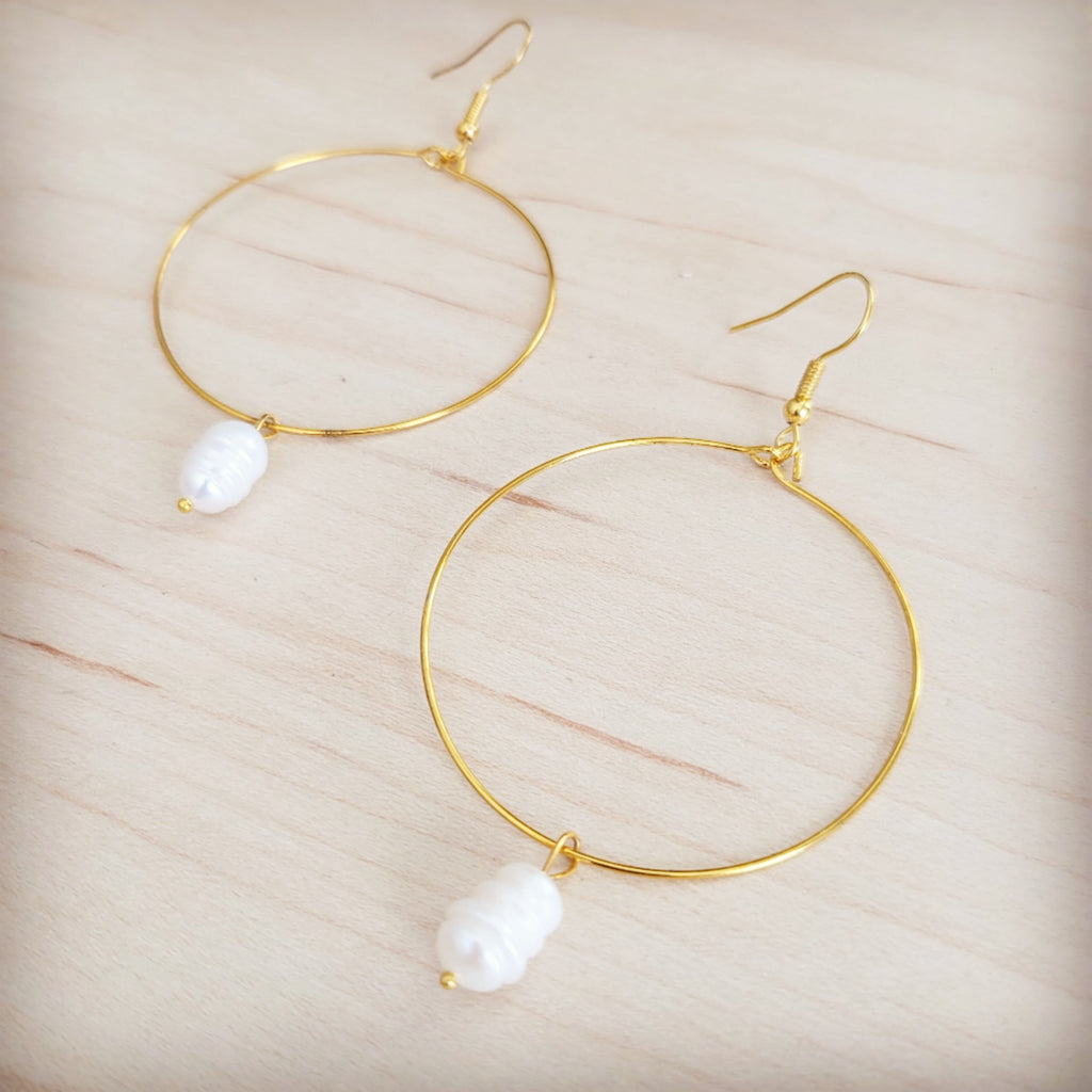 Gold-Tone Hoop Earrings with Freshwater Pearl Dangle - Image 2