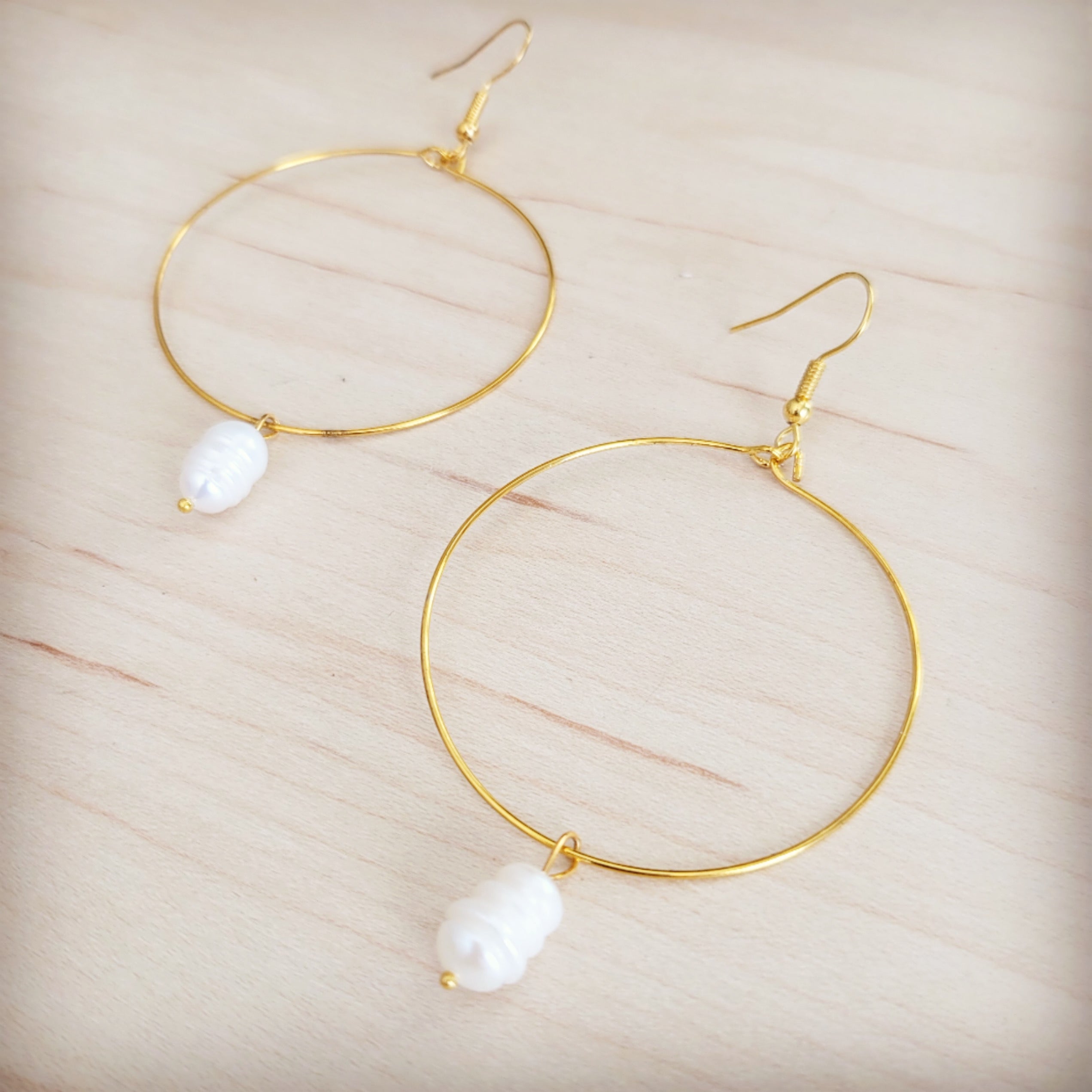 Gold-Tone Hoop Earrings with Freshwater Pearl Dangle - Image 2