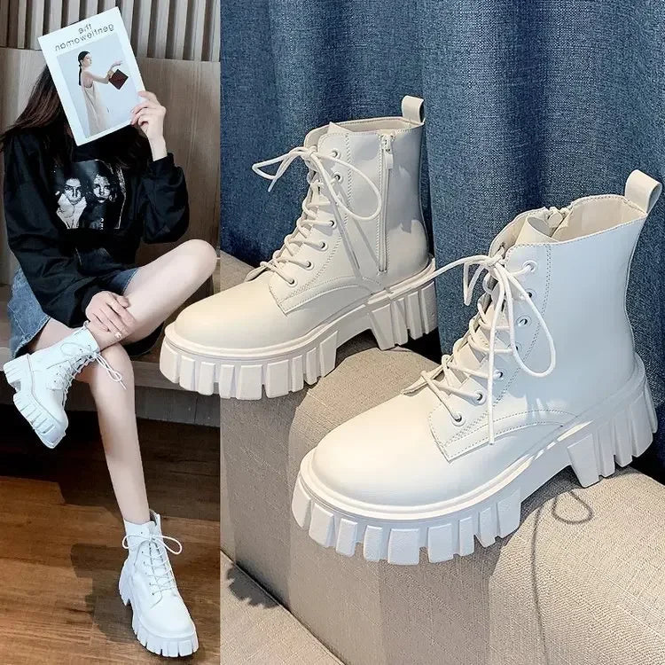 Women's Chunky Platform Ankle Boots - Black & White Lace-Up Style - Image 3