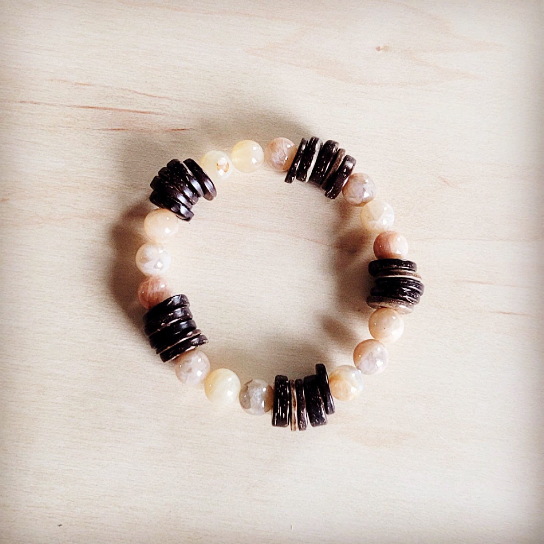 Natural Agate and Wood Beaded Stretch Bracelet - Image 4