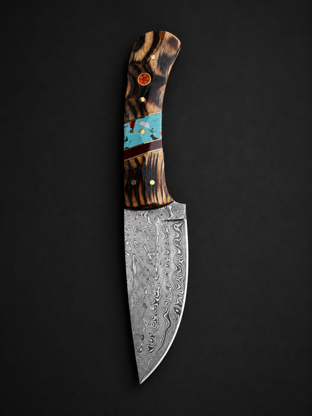 Copper Canyon Damascus Steel Hunter Knife with Turquoise Inlay