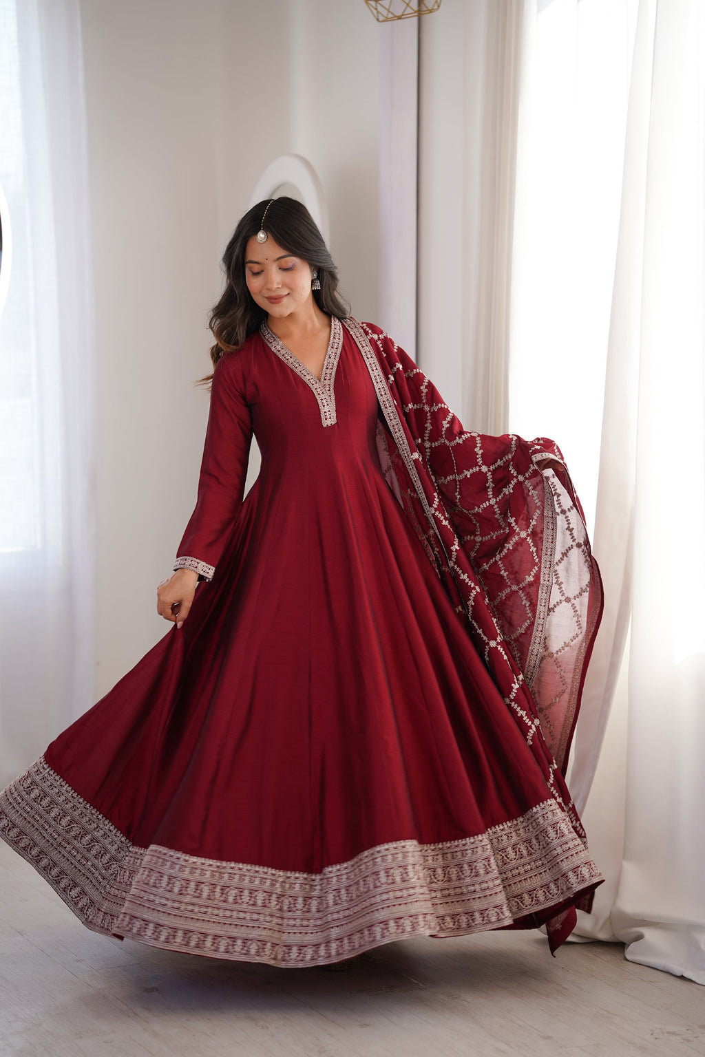 Maroon Vichitra Silk Anarkali Gown with Embroidery and Dupatta
