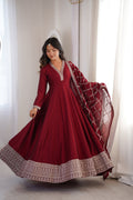 Maroon Vichitra Silk Anarkali Gown with Embroidery and Dupatta
