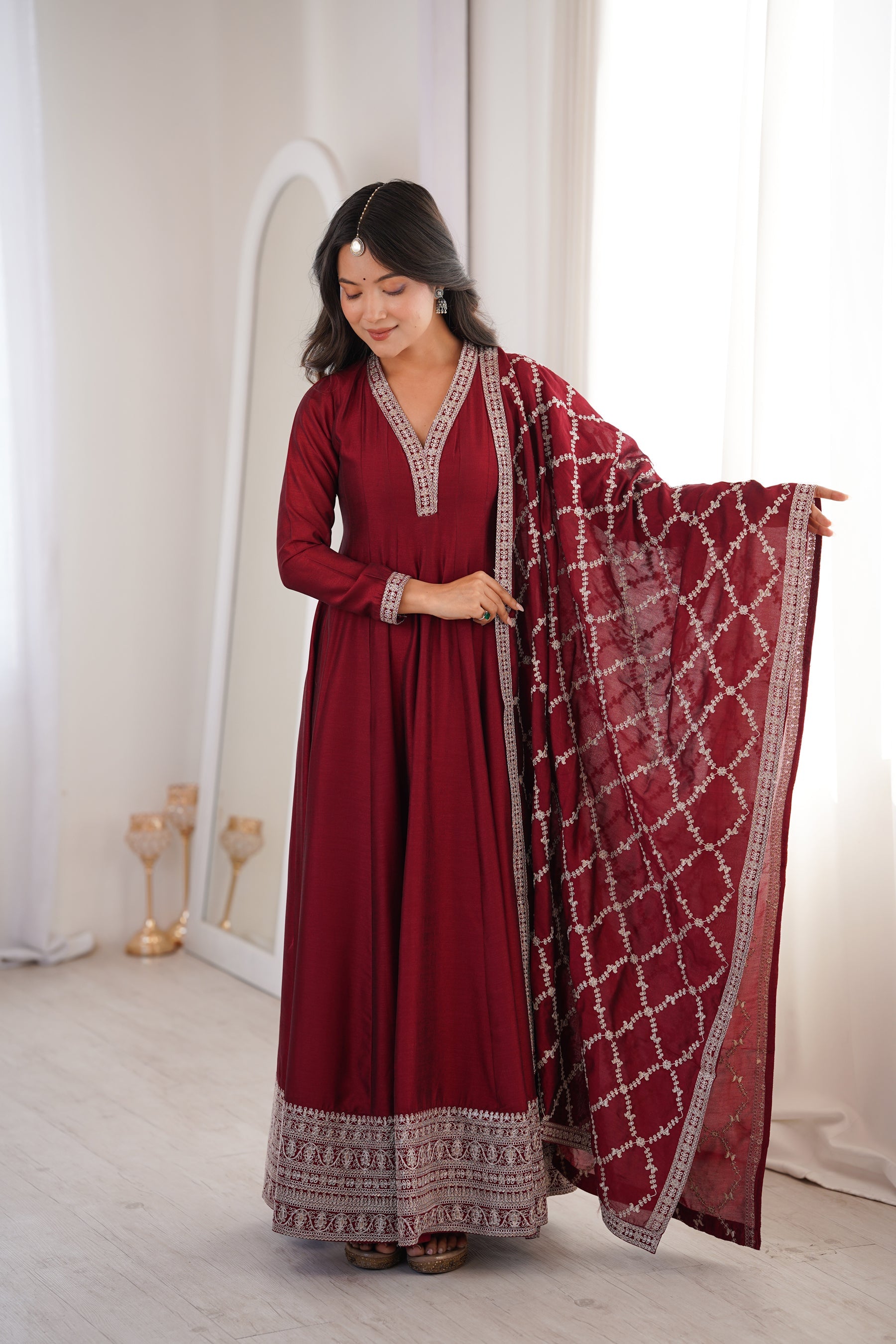 Maroon Vichitra Silk Anarkali Gown with Embroidery and Dupatta