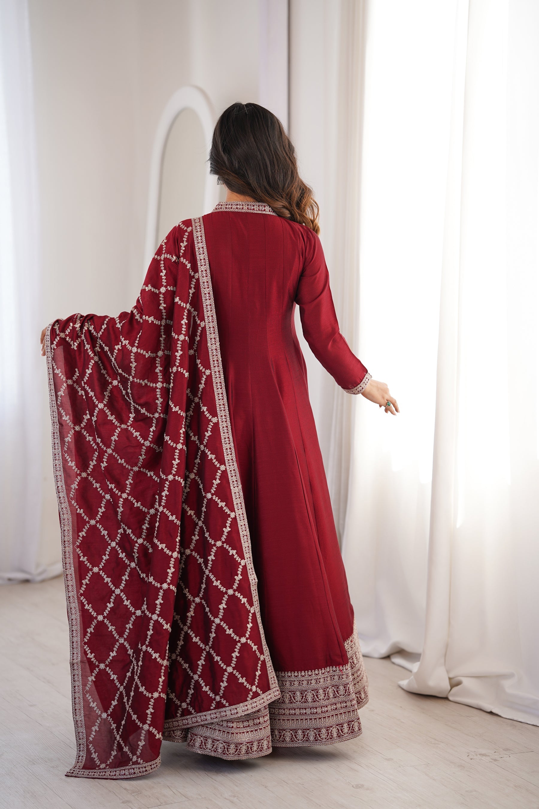 Maroon Vichitra Silk Anarkali Gown with Embroidery and Dupatta