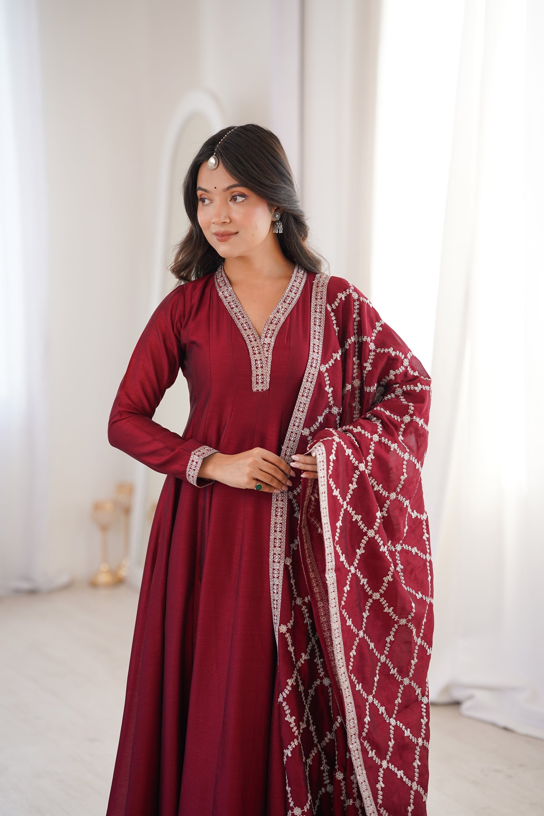 Maroon Vichitra Silk Anarkali Gown with Embroidery and Dupatta